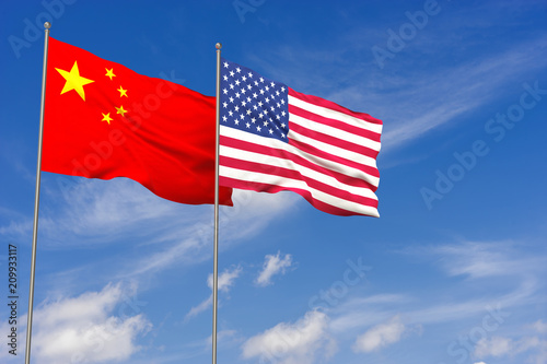 China and USA flags over blue sky background. 3D illustration
