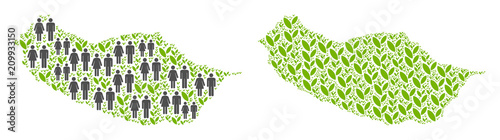 People population and ecology Portugal Madeira Island map. Vector collage of Portugal Madeira Island map combined of randomized lady and gentleman and blossom items in different sizes.