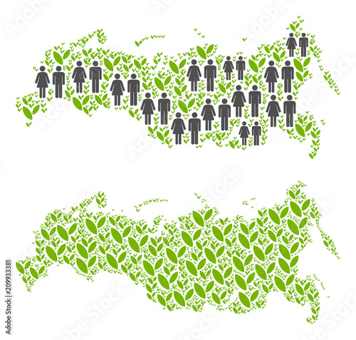 People population and green plants Russia map. Vector concept of Russia map formed of random lady and gentleman and plant elements in variable sizes.