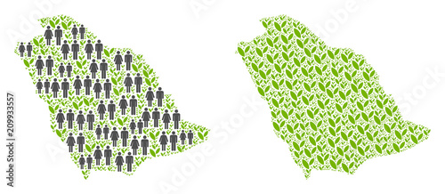 People population and ecology Saudi Arabia map. Vector abstraction of Saudi Arabia map done of randomized lady and gentleman and sprout elements in various sizes.