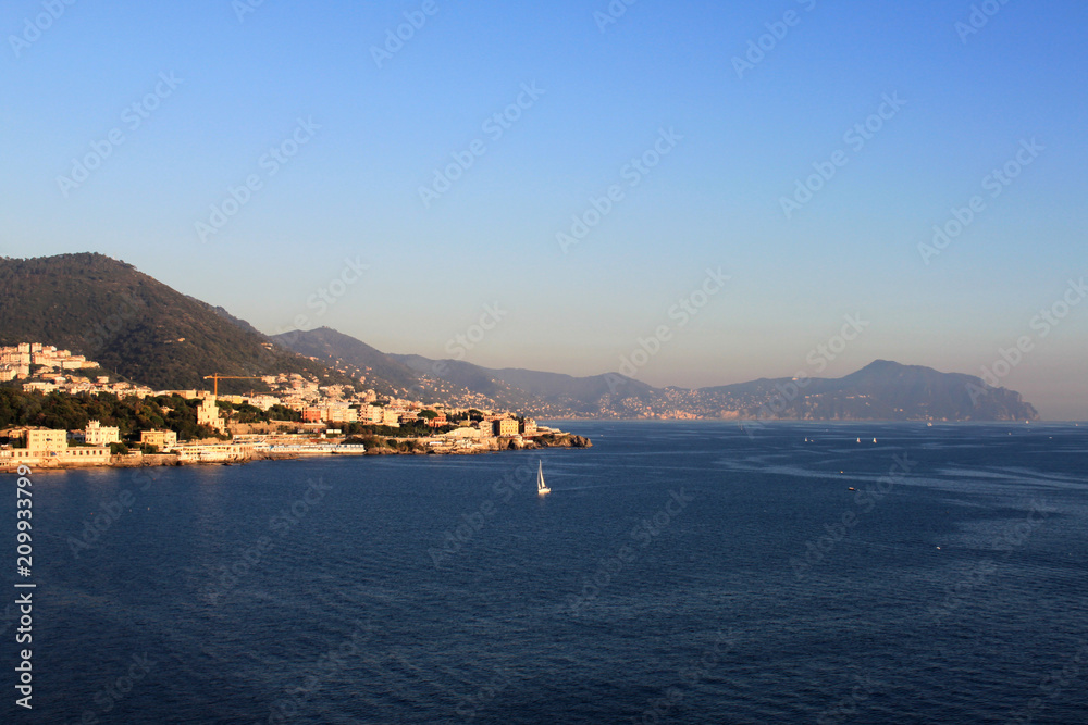 Scenic view of the mountain shore. Genova, Italy.
