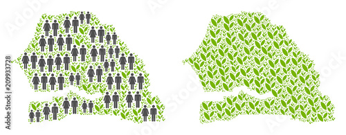 People population and grass Senegal map. Vector concept of Senegal map composed of randomized human and agriculture elements in variable sizes.