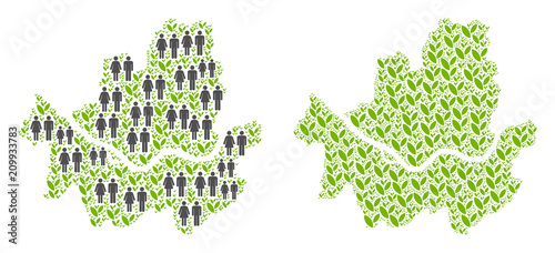 People population and ecology Seoul city map. Vector abstraction of Seoul city map made of randomized human and blossom items in various sizes.