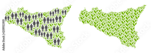 People population and ecology Sicilia map. Vector collage of Sicilia map composed of scattered lady and gentleman and grass elements in various sizes.