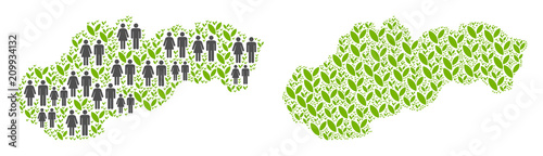 People population and floral Slovakia map. Vector mosaic of Slovakia map composed of scattered man and woman and grass items in variable sizes.