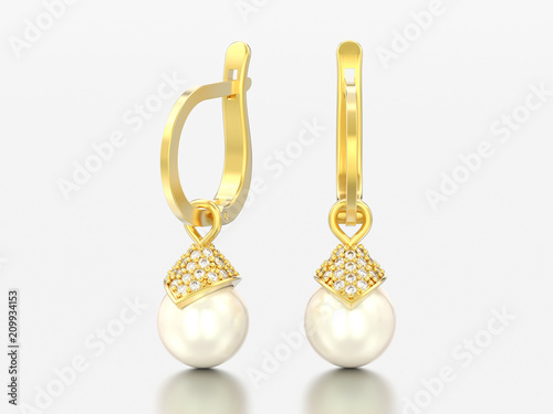 3D illustration yellow gold pearl diamond earrings with hinged lock