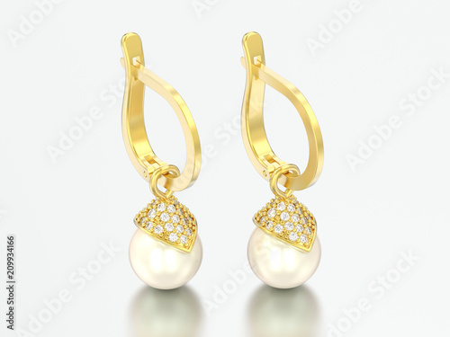 Bild auf Leinwand 3D illustration yellow gold pearl diamond earrings with hinged lock
