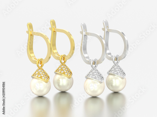 3D illustration two pair of yellow and white gold or silver pearl diamond earrings with hinged lock