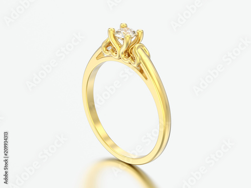 3D illustration yellow gold solitaire wedding diamond ring with heart prongs
