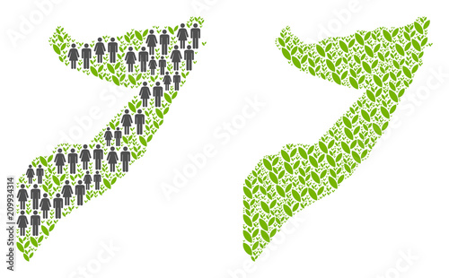 People population and environment Somalia map. Vector mosaic of Somalia map made of scattered people and agriculture elements in various sizes.