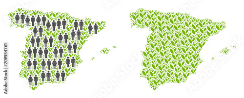 People population and floral Spain map. Vector mosaic of Spain map organized of scattered family and agriculture elements in variable sizes. Abstract social plan of nation audience cartography.