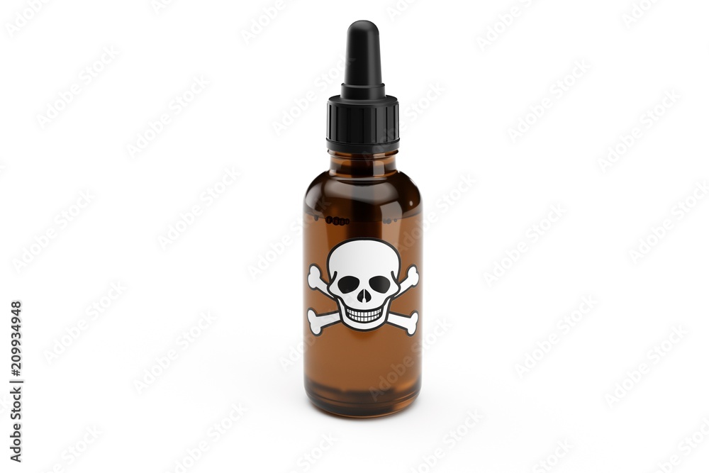 Brown medicine glass dropper bottle isolated with scull label