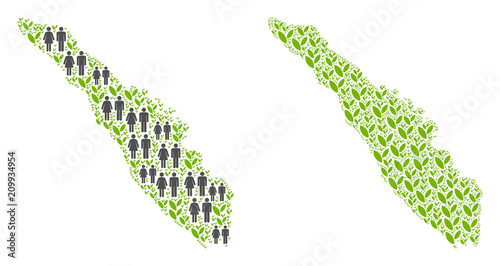 People population and green plants Sumatra Island map. Vector composition of Sumatra Island map formed of randomized crowd and grass items in variable sizes.