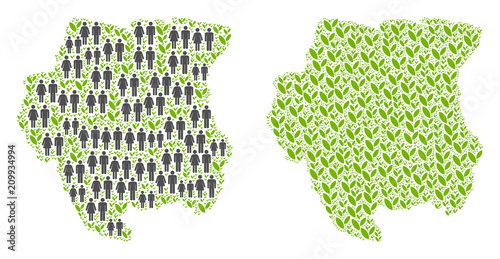 People population and environment Suriname map. Vector collage of Suriname map done of scattered people couple and sprout items in variable sizes. Abstract social plan of nation audience cartography.