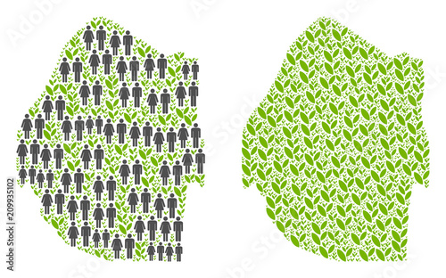 People population and flora Swaziland map. Vector composition of Swaziland map made of scattered gender and plant items in variable sizes. Abstract social scheme of nation group cartography.