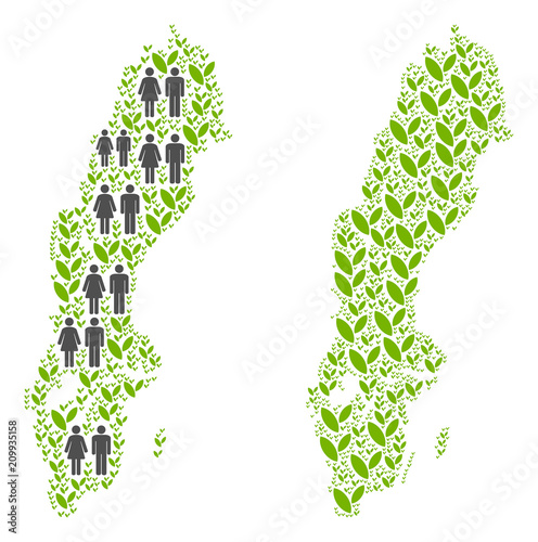 People population and green plants Sweden map. Vector abstraction of Sweden map composed of random lady and gentleman and sprout items in various sizes.