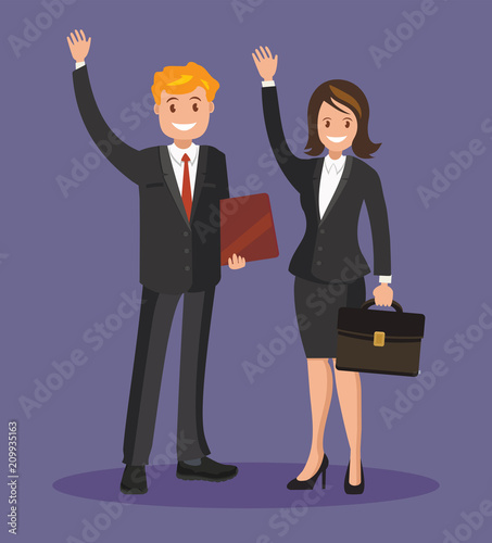 Business people, a man and a woman in suits waving their hands. Business team of employees.