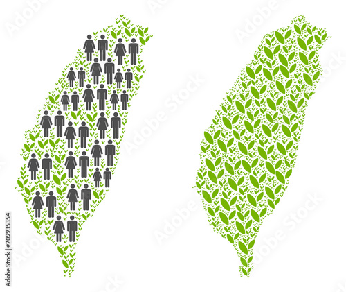 People population and environment Taiwan Island map. Vector composition of Taiwan Island map formed of randomized men and woman and grass elements in variable sizes.