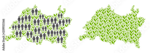 People population and green plants Tatarstan map. Vector abstraction of Tatarstan map constructed of randomized human and sprout items in various sizes.