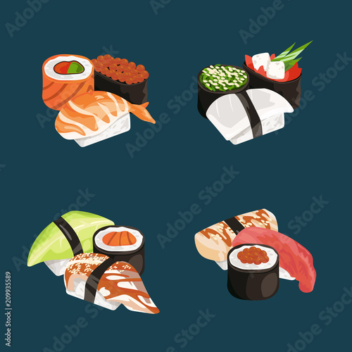 Vector cartoon sushi types piles set
