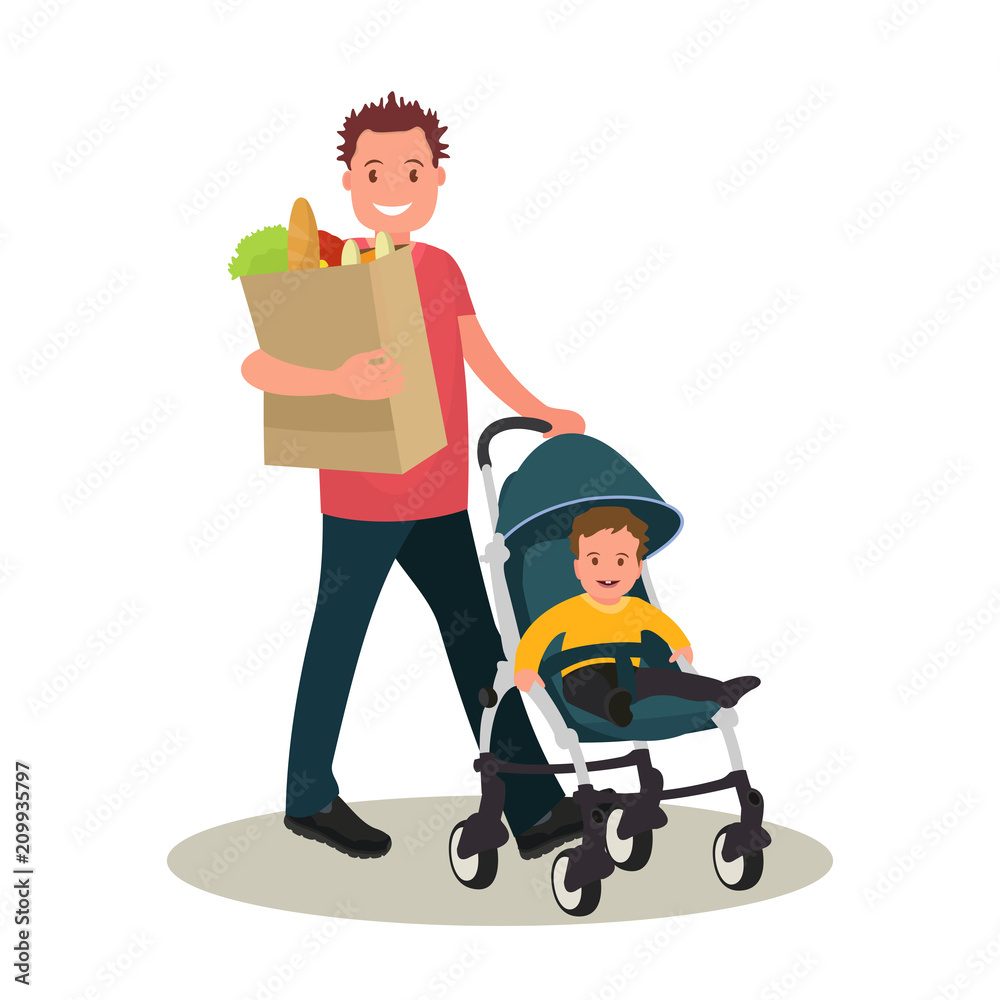 Father with food bag and baby in a stroller. Father with food bag and baby in a stroller.
