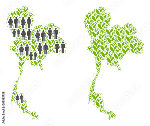 People population and green plants Thailand map. Vector abstraction of Thailand map combined of randomized people and plantation items in variable sizes.