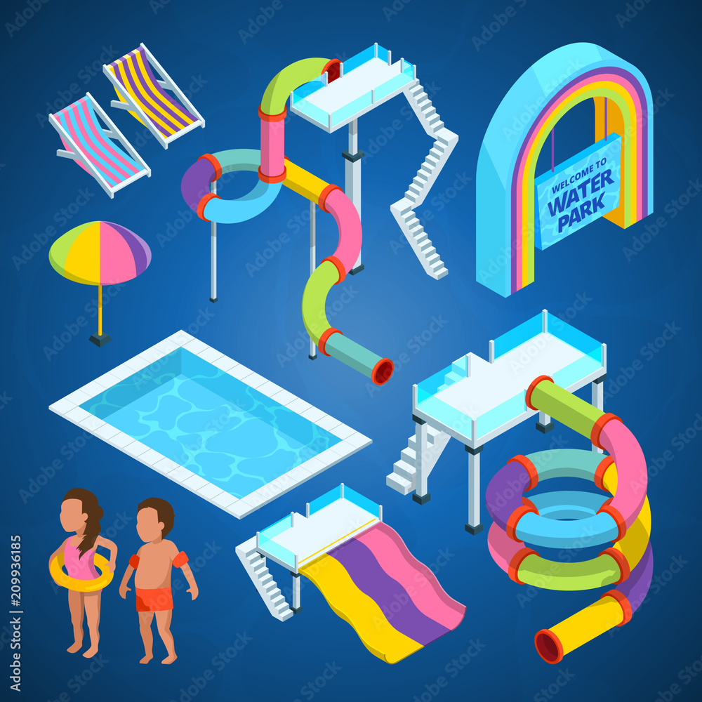 Isometric pictures of water park. Various attractions at swimming pools ...