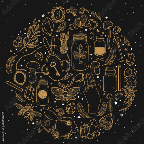 Sketch graphic illustration with mystic and occult hand drawn gold symbols. Vector illustration. , Freemasonry,astrological and esoteric concept. Vintage Hands with Old Fashion Tattoos.