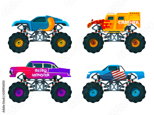 Van 4x4 with big wheels. Vector pictures of monster trucks