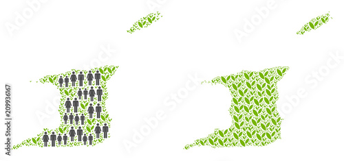 People population and eco Trinidad and Tobago map. Vector composition of Trinidad and Tobago map done of random people and grass items in variable sizes.