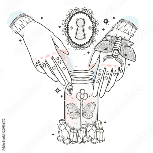 Sketch graphic illustration with mystic and occult hand drawn symbols. Hands reach for the keys to open the keyhole. Vector illustration. Astrological and esoteric freemasonry concept.