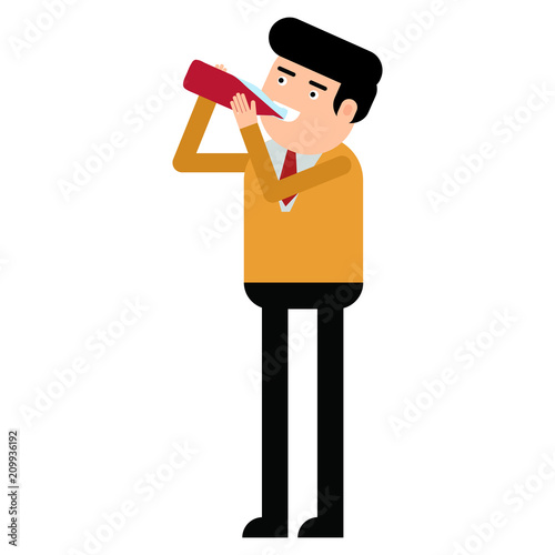 Attractive young man drinking syrup from a bottle