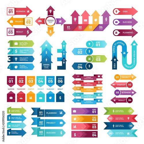 Colored arrows for business presentations. Vector collection of infographic elements