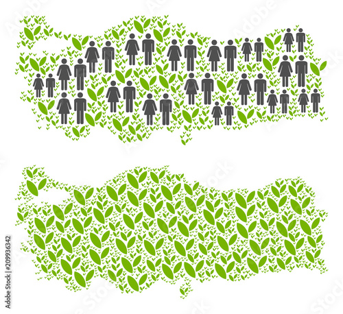 People population and green plants Turkey map. Vector concept of Turkey map constructed of randomized family and blossom items in variable sizes. Abstract social scheme of national mass cartography.