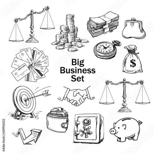 Black and white sketchof business set