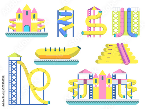 Water park with various slide for childrens. Pictures of kids playground on pool