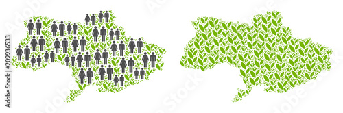 People population and ecology Ukraine map. Vector composition of Ukraine map combined of random lady and gentleman and sprout elements in various sizes.