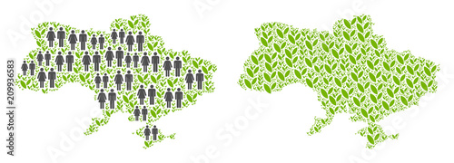 People population and eco Ukraine map with Crimea. Vector collage of Ukraine map with Crimea made of scattered people and flora elements in variable sizes.