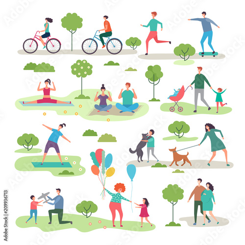 Various outdoor activities in the urban park. Group of walking peoples
