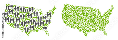 People population and environment USA map. Vector concept of USA map constructed of random gender and plantation elements in various sizes.