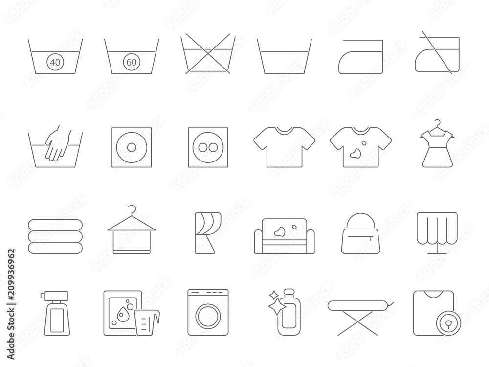 Washing and laundry line symbols. Vector icons set of dry cleaning Washing and laundry line symbols. Vector icons set of dry cleaning