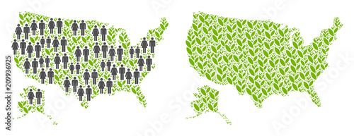 People population and grass USA with Alaska map. Vector abstraction of USA with Alaska map done of randomized people couple and agriculture items in various sizes.