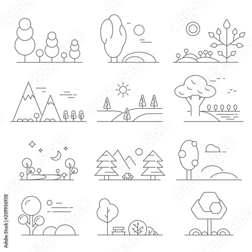 Landscape outline. Mono line symbols of trees and outdoor parks
