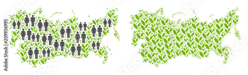 People population and flora plants USSR map. Vector pattern of USSR map made of scattered crowd and plantation elements in different sizes. Abstract social presentation of national mass cartography.