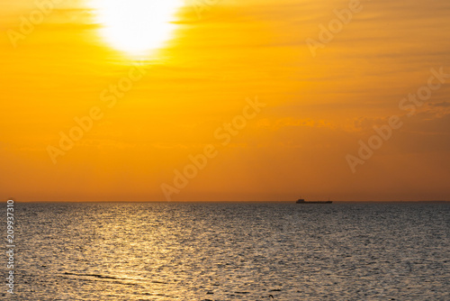 A cargo ship sailing on the horizon at the sunrise