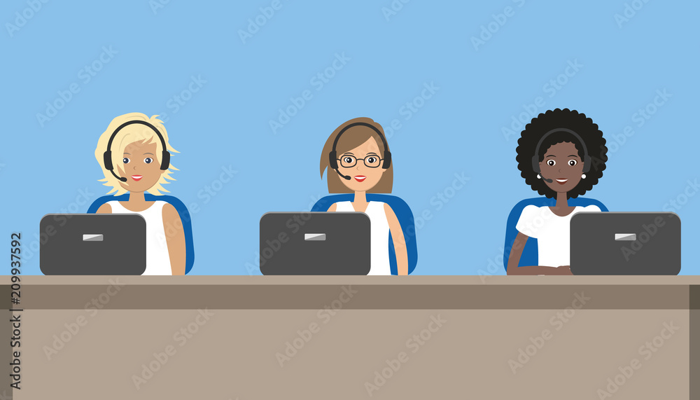 Web banner of call center workers. Young women in headphones sitting at the table on a blue background. Vector cartoon illustration. Web banner of call center workers. Young women in headphones sitting at the table on a blue background. Vector cartoon illustration.