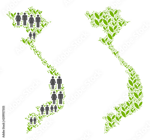 People population and floral Vietnam map. Vector mosaic of Vietnam map composed of random gender and plantation items in variable sizes. Abstract social presentation of nation public cartography.