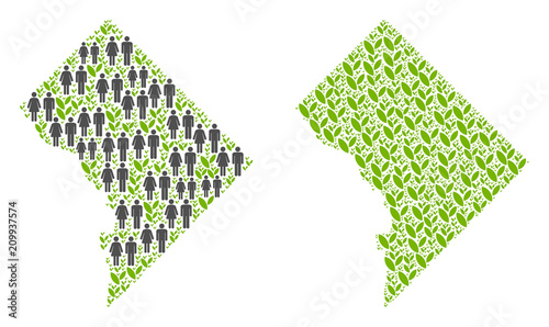 People population and grass Washington DC map. Vector concept of Washington DC map formed of random family and sprout elements in different sizes. Abstract social plan of national group cartography.