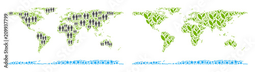 People population and green plants world continent map. Vector composition of world continent map organized of scattered people couple and blossom items in different sizes.