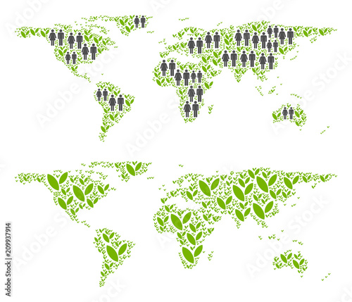 People population and flora plants world map. Vector concept of world map combined of scattered gender and grass items in variable sizes. Abstract social plan of national mass cartography.